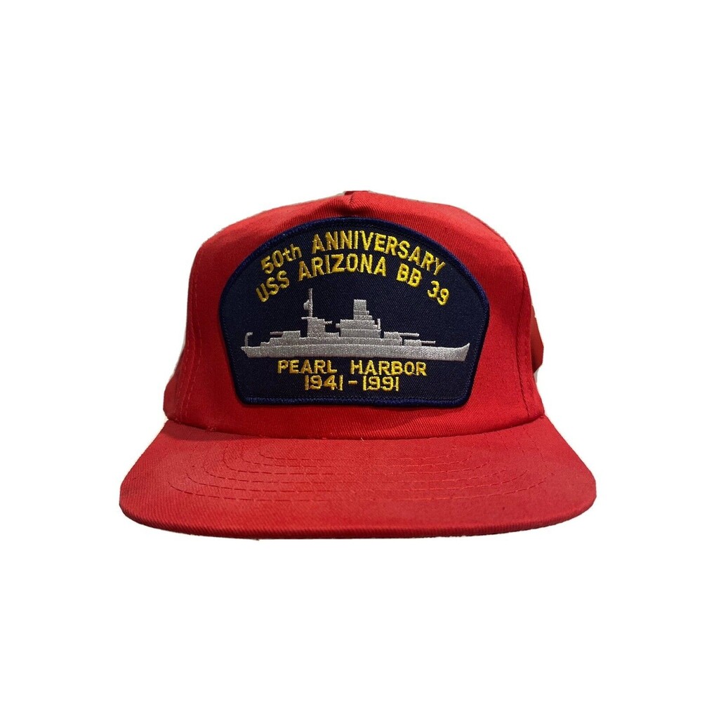 USS ARIZONA BB-39 PEARL HARBOR 50TH ANNIVERSARY SNAP BACK TRUCKER HAT Red Vtg